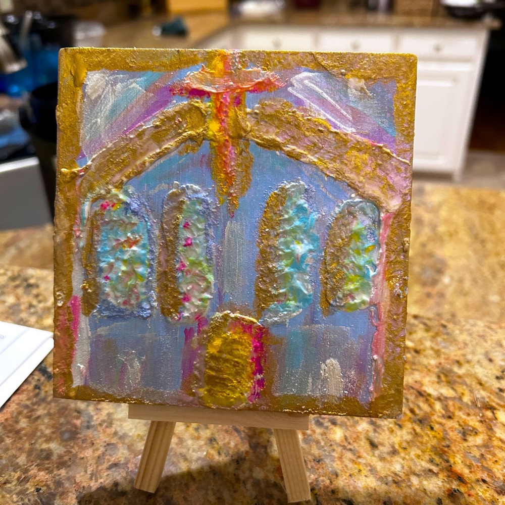 Original HandPainted Church Stained Glass Art on 5x5 Wooden Block Pink Gold Blue